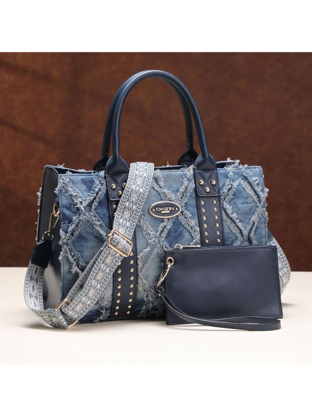 Women's Denim Blue Wallet Set Top Handle Satchel Shoulder 3pcs Hobo Handbag - Picture 3 of 6